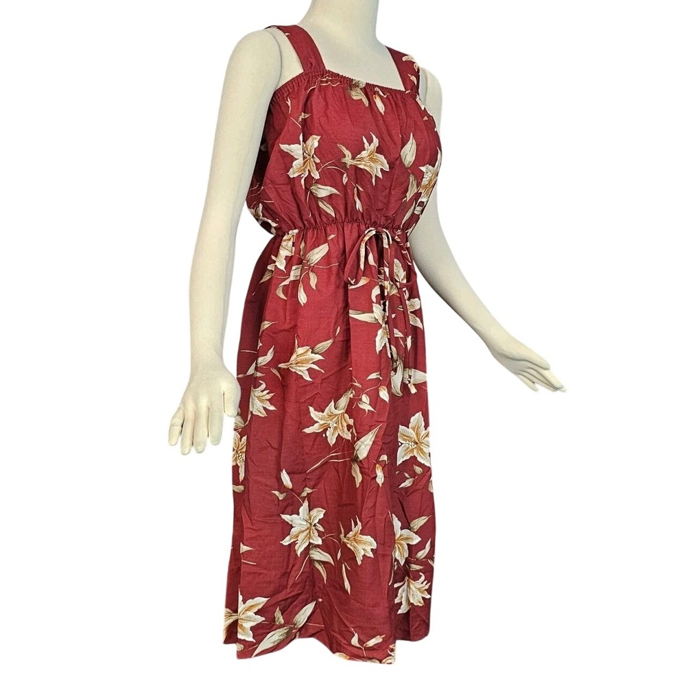 Vintage 1970s Dress Sundress Burgundy  Creamy Floral‎ Print Sleeveless Retro Bow